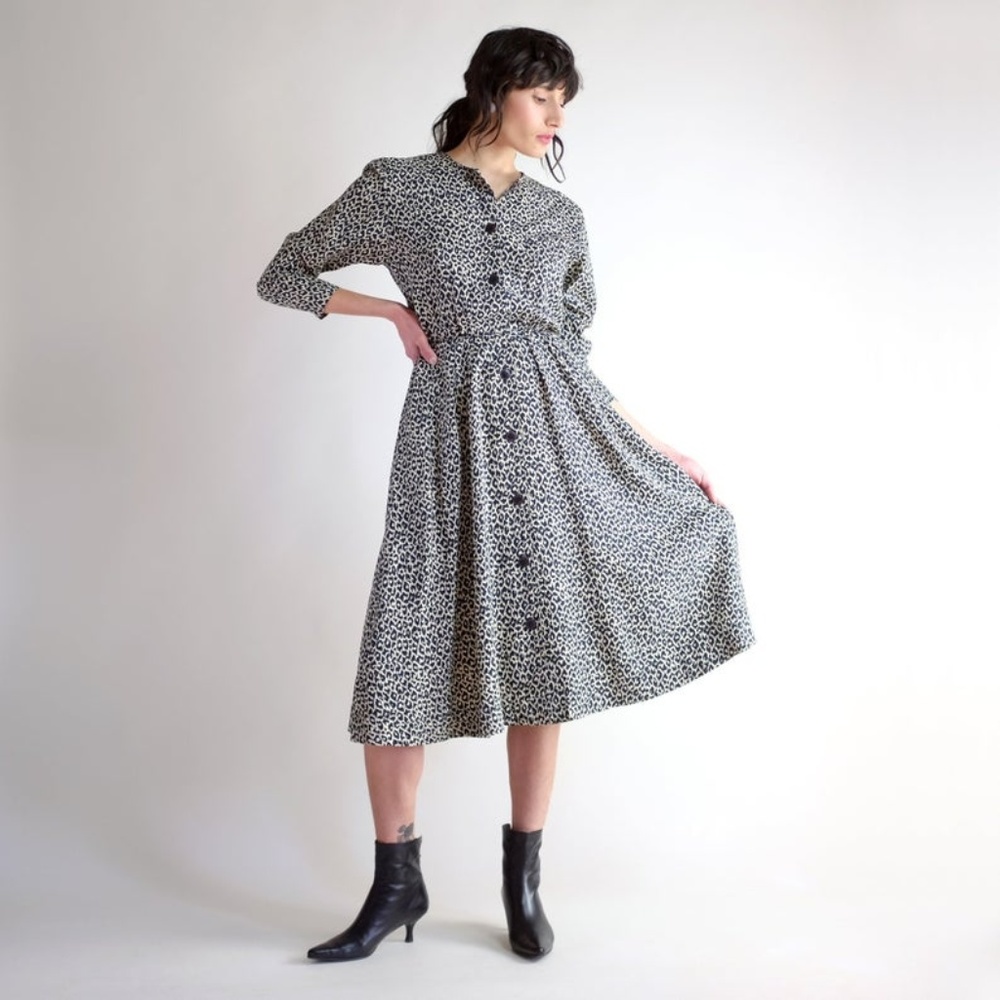 Leopard Silk Vintage 90s Print Midi Dress - Picture 1 of 8